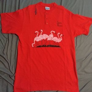 Hanes beefy single stitch south Pacific airwaves 1987 flamingo Henley tshirt L.
